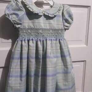 Rare Editions Plaid Dress Lt Blue, Green Tartan, Floral Embellished, Smocked 4T